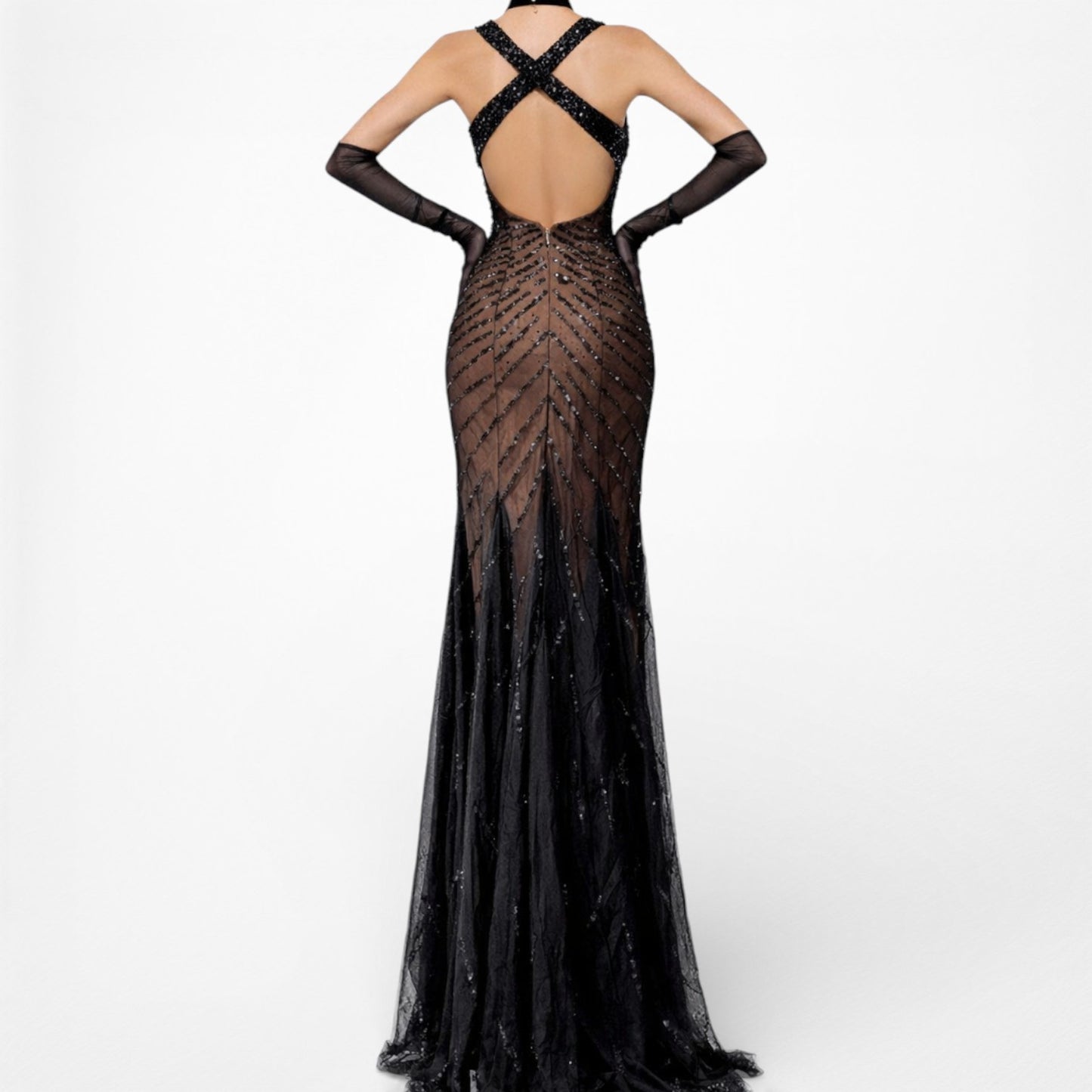 Vintage Y2K Brown Black Beaded Bodycon Fishtail Mesh Maxi Prom Dress Size XS/S