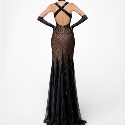 Vintage Y2K Brown Black Beaded Bodycon Fishtail Mesh Maxi Prom Dress Size XS/S