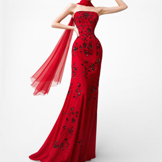 Vintage Y2K Red Black Floral Beaded Fit Flared Maxi Prom Dress Size L/XL