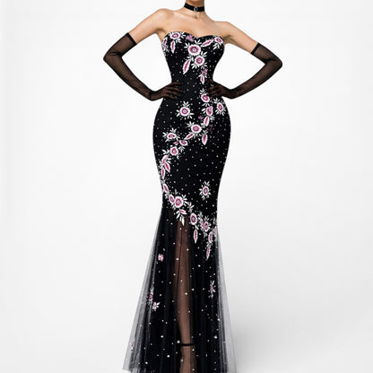 Vintage Black Strapless Floral Beaded Sheer Tulle Maxi Bodycon Prom Dress M