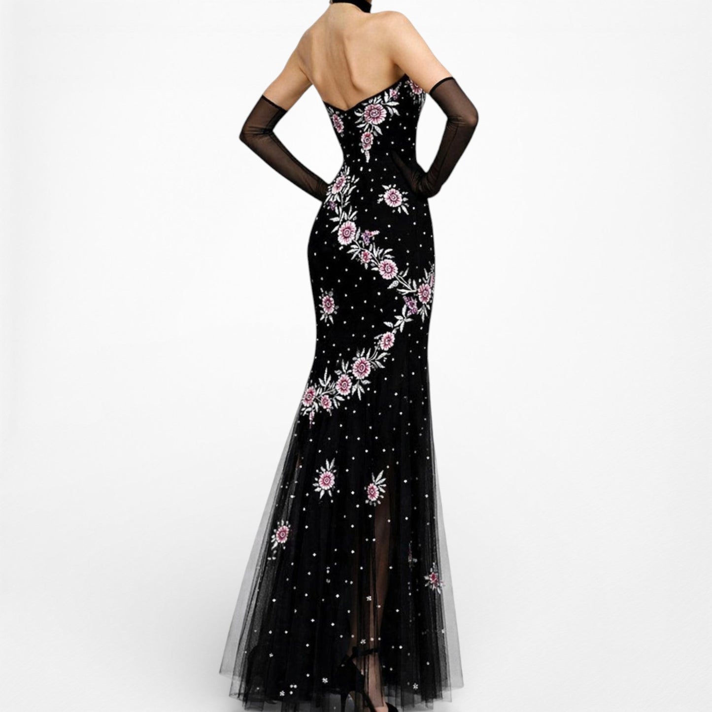 Vintage Black Strapless Floral Beaded Sheer Tulle Maxi Bodycon Prom Dress M