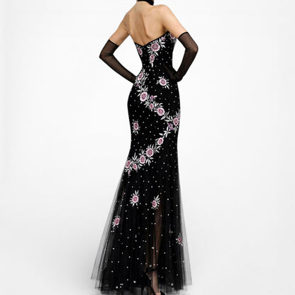 Vintage Black Strapless Floral Beaded Sheer Tulle Maxi Bodycon Prom Dress M