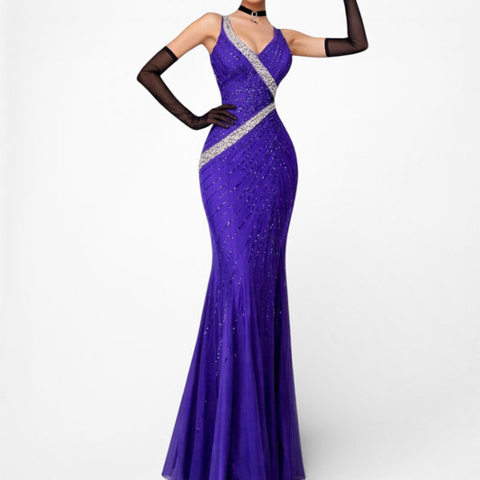 Vintage Y2K Purple Blue V-Neck Beaded Bodycon Maxi Prom Dress Size S