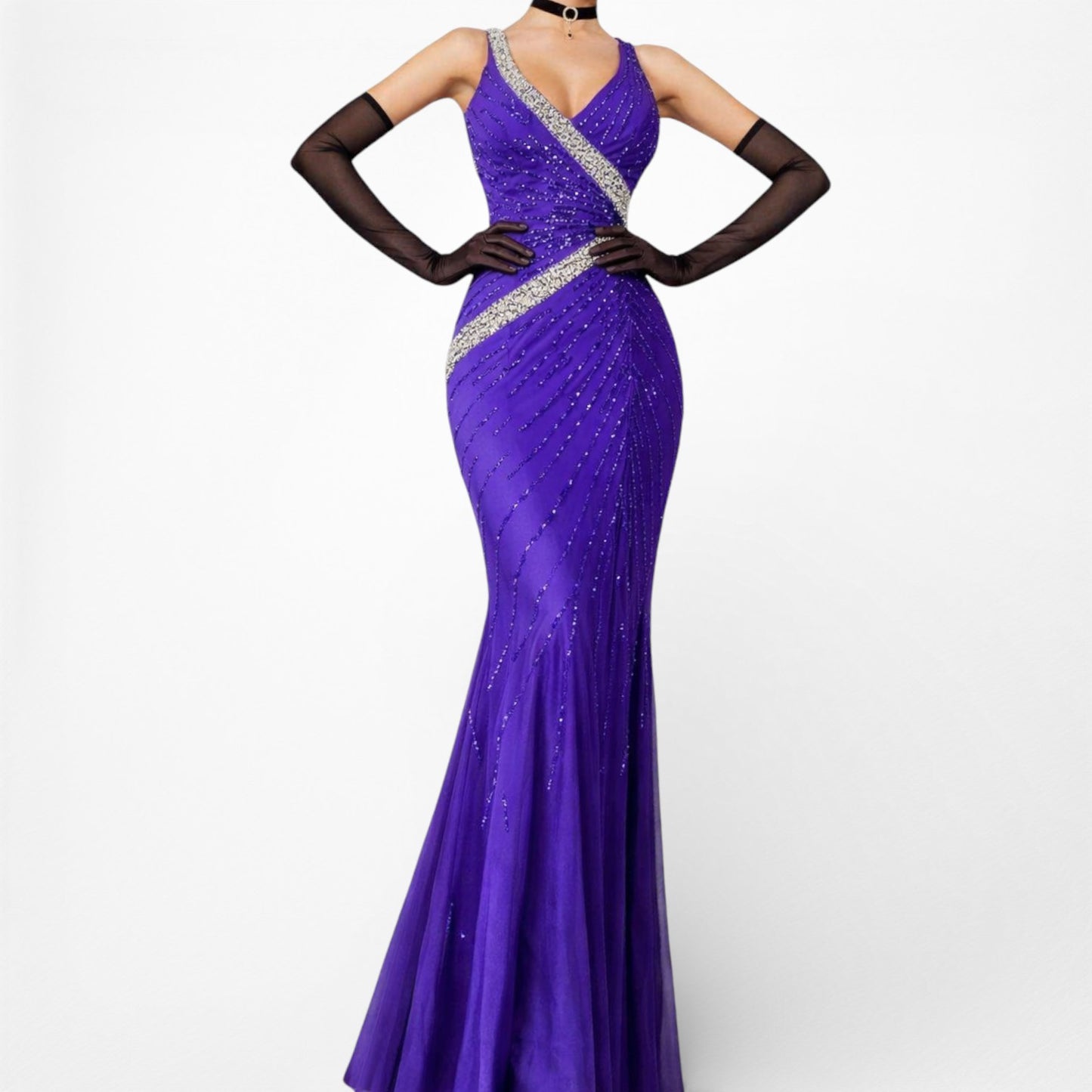 Vintage Y2K Purple Blue V-Neck Beaded Bodycon Maxi Prom Dress Size S