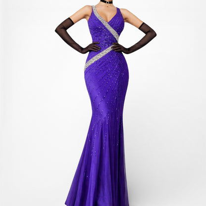 Vintage Y2K Purple Blue V-Neck Beaded Bodycon Maxi Prom Dress Size S