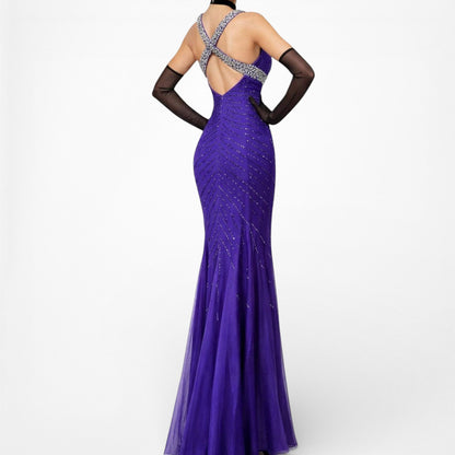 Vintage Y2K Purple Blue V-Neck Beaded Bodycon Maxi Prom Dress Size S