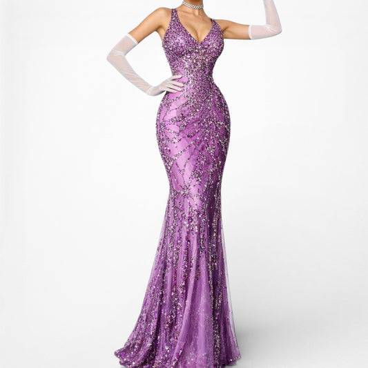 Vintage Purple Floral Sequin Silk Maxi Bodycon Formal Prom Dress Size S/M