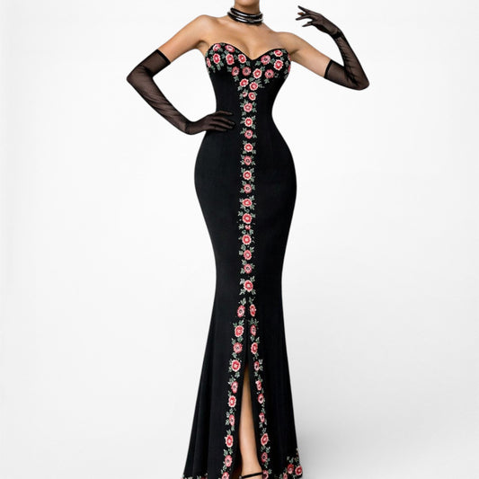 Vintage Black Strapless Knit Floral Beaded Bodycon Slit Maxi Formal Cocktail Dress Size S