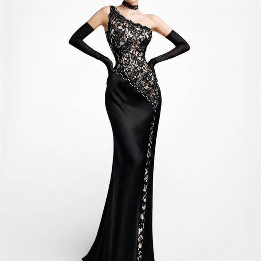 Vintage Black Satin Lace Beaded One Shoulder Bodycon Maxi Formal Cocktail Prom Dress Size S