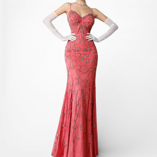 Vintage Y2K Salmon Pink Beaded Mesh Bodycon Maxi Formal Prom Dress Size XS/S