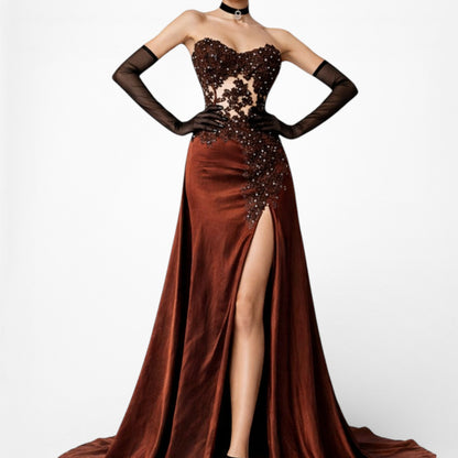 Vintage Y2K Brown Satin Lace Mesh Beaded Strapless Side Slit Maxi Prom Dress Size M/L