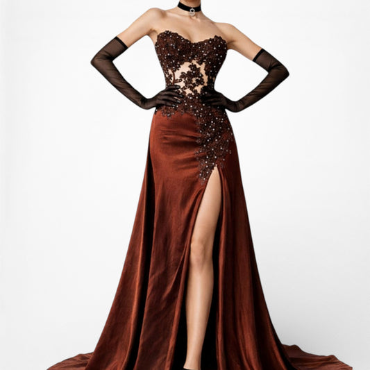 Vintage Y2K Brown Satin Lace Mesh Beaded Strapless Side Slit Maxi Prom Dress Size M/L