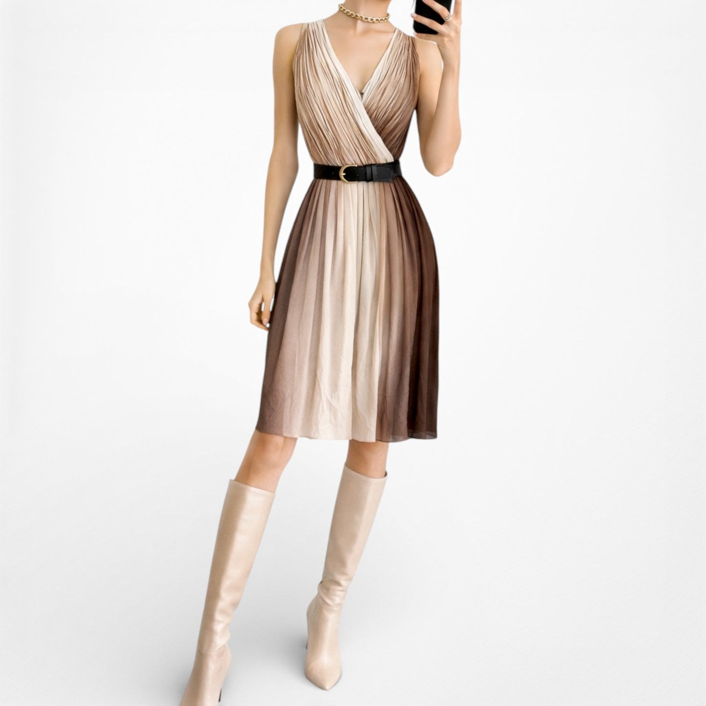 Vintage Y2K Brown V-Neck Pleated Knee Length Cocktail Dress Size 4/M