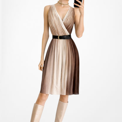 Vintage Y2K Brown V-Neck Pleated Knee Length Cocktail Dress Size 4/M