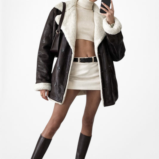 Vintage Y2K Brown Faux Leather Teddy Penny Lane Fur Lined Coat Jacket Size L