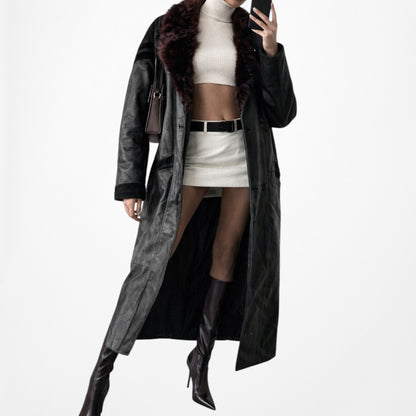 Black Vintage Authentic Leather Shoulder Padded Button Front Coat Jacket Size M