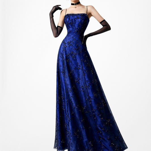 Vintage Blue Black Mesh Velvet Beaded Flared Maxi Prom Dress Size M