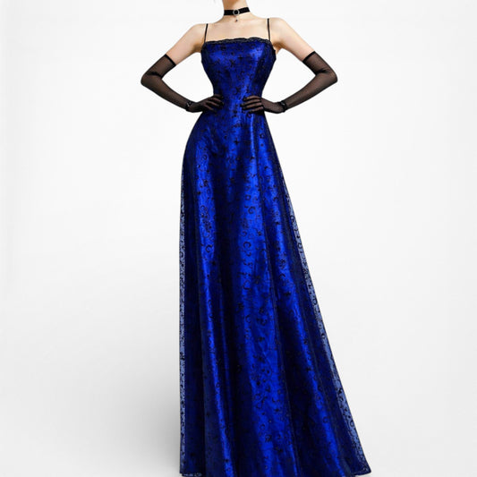 Vintage Black Blue Velvet Mesh Glitter Fit Flared Maxi Prom Dress Size M