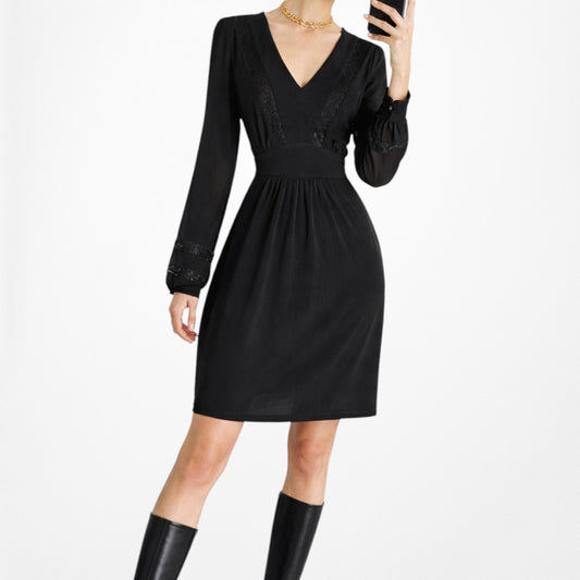 Vintage Y2K Black Long Puffy Sleeves Knee Length A-Line Knit Lace Dress Size M