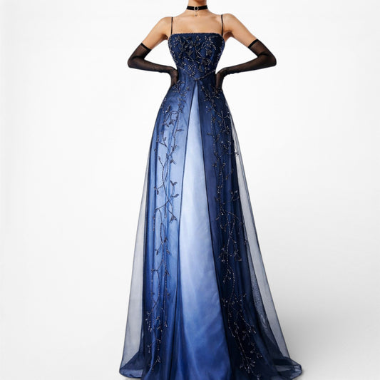 Vintage Y2K Blue Floral Beaded Ombre Satin Mesh Babydoll Prom Dress Size S