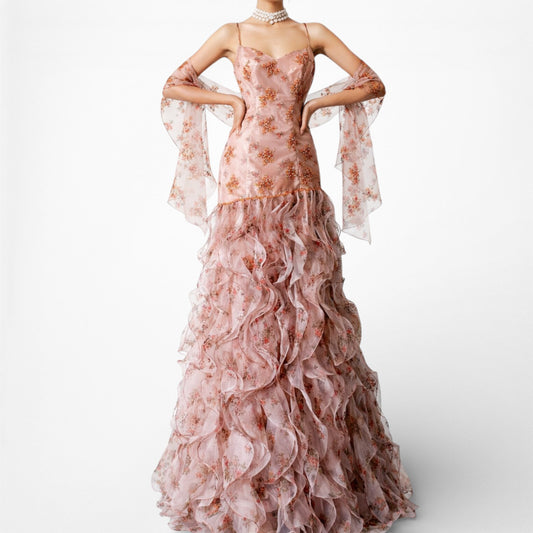 Vintage Pink Organza Floral Beaded Ruffle Flared Maxi Prom Dress Size M
