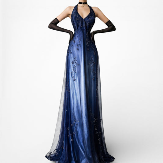 Vintage Blue Gradient Satin Mesh Floral Beaded Babydoll Style Prom Dress Size M