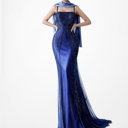 Vintage Y2K 90s Blue Satin Ombre Beaded Babydoll Prom Formal Maxi Dress Size M