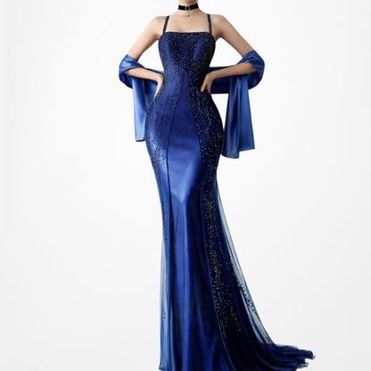 Vintage Y2K 90s Blue Satin Ombre Beaded Babydoll Prom Formal Maxi Dress Size M