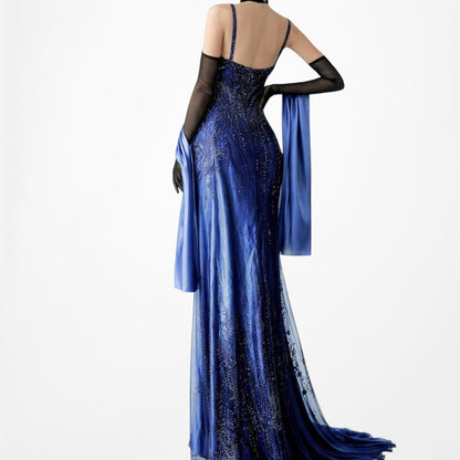 Vintage Y2K 90s Blue Satin Ombre Beaded Babydoll Prom Formal Maxi Dress Size M