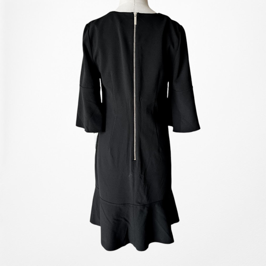 Vintage Y2K Black Long Bell Sleeves Ruffle Hem Knee Length Dress Size L