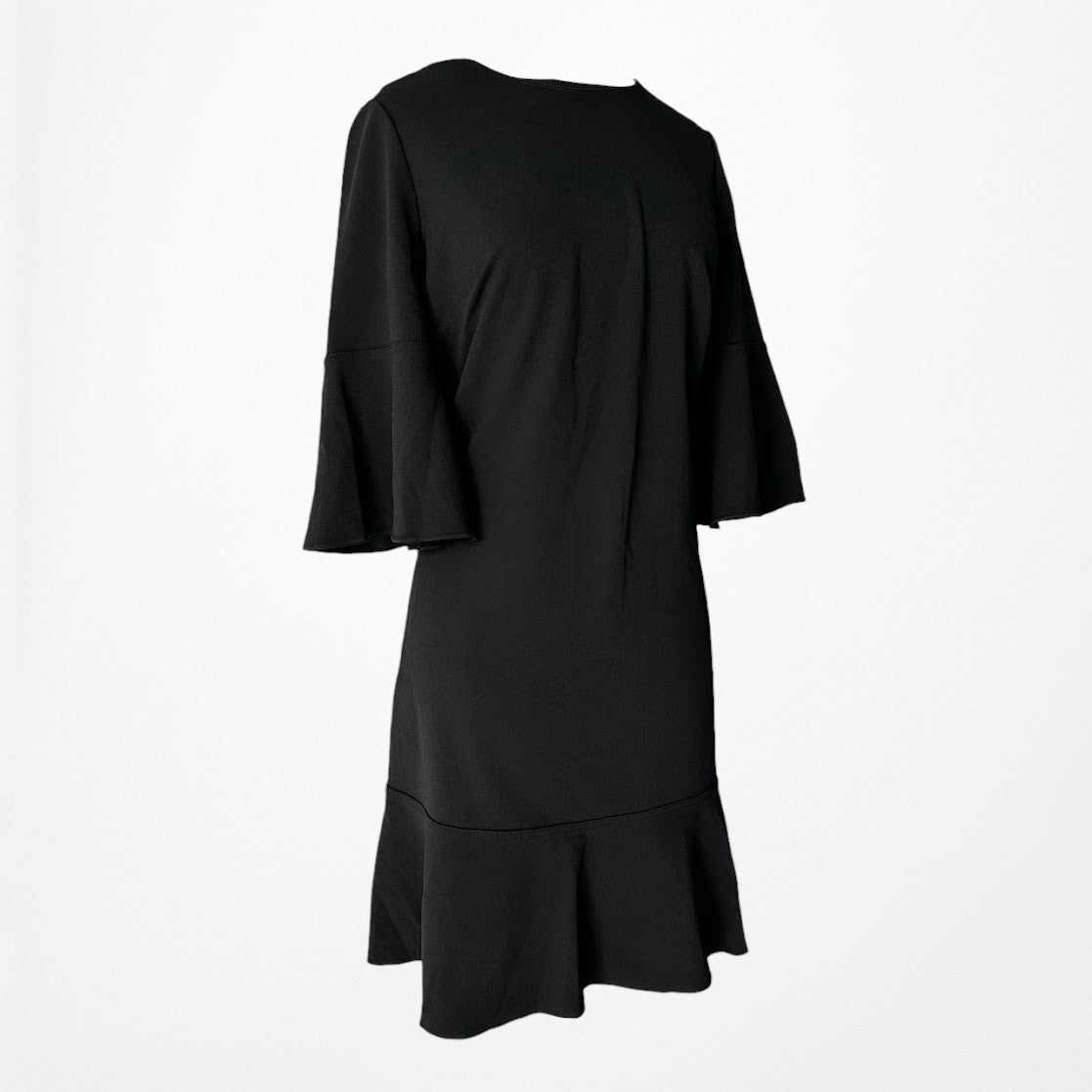 Vintage Y2K Black Long Bell Sleeves Ruffle Hem Knee Length Dress Size L