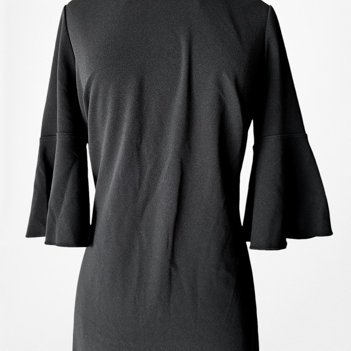 Vintage Y2K Black Long Bell Sleeves Ruffle Hem Knee Length Dress Size L