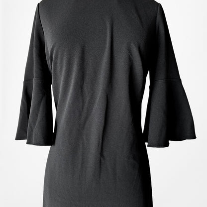 Vintage Y2K Black Long Bell Sleeves Ruffle Hem Knee Length Dress Size L