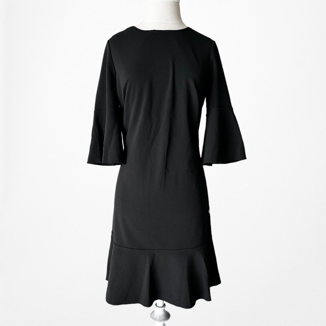 Vintage Y2K Black Long Bell Sleeves Ruffle Hem Knee Length Dress Size L