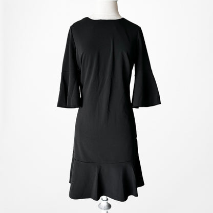 Vintage Y2K Black Long Bell Sleeves Ruffle Hem Knee Length Dress Size L