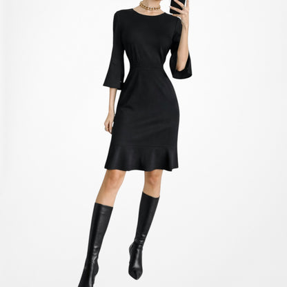 Vintage Y2K Black Long Bell Sleeves Ruffle Hem Knee Length Dress Size L