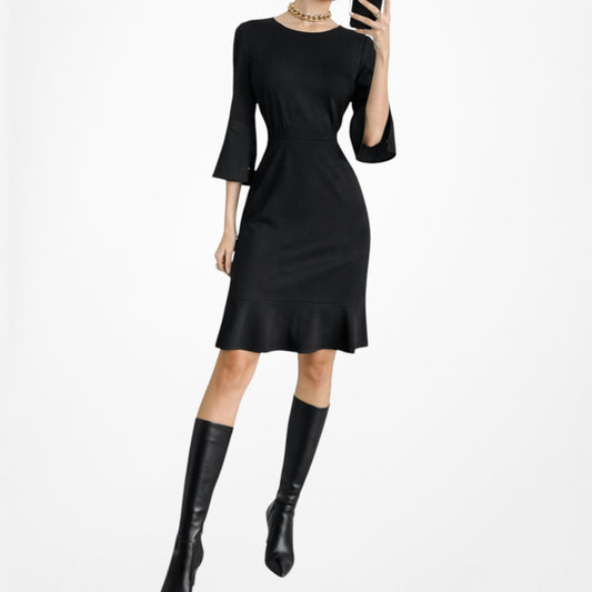 Vintage Y2K Black Long Bell Sleeves Ruffle Hem Knee Length Dress Size L