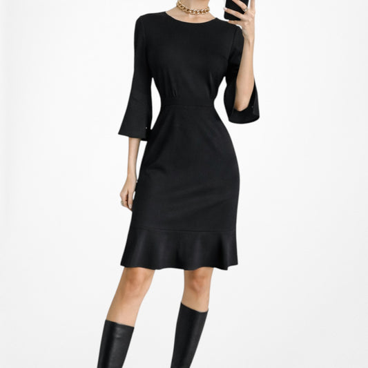 Vintage Y2K Black Long Bell Sleeves Ruffle Hem Knee Length Dress Size L