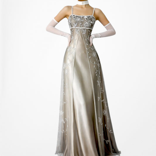 Vintage Y2K Gold Floral Beaded Babydoll Satin Fit Flared Maxi Prom Dress Size S