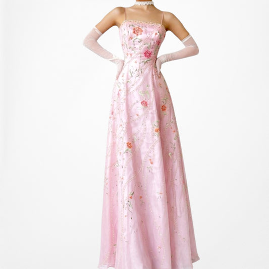 Vintage Pastel Pink Satin Floral Beaded Fit Flared Maxi Prom Dress Size S