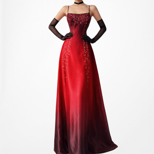 Vintage Burgundy Red Fit Flared Beaded Ombre Maxi Formal Cocktail Prom Dress Size M/L