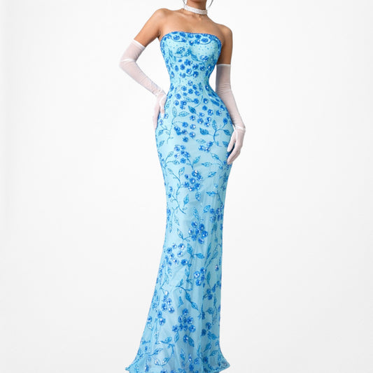 Vintage Blue Strapless Floral Beaded Silk Side Slit Maxi Bodycon Formal Cocktail Dress Size S