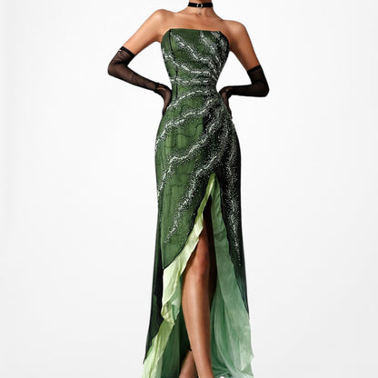 Vintage Green Strapless Silk Beaded High Low Mesh Maxi Flared Dress Size S