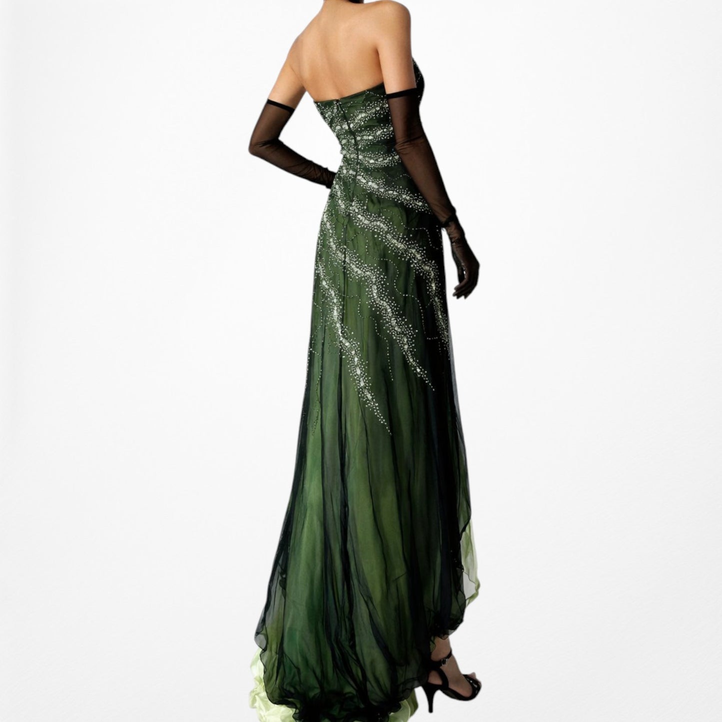 Vintage Green Strapless Silk Beaded High Low Mesh Maxi Flared Dress Size S