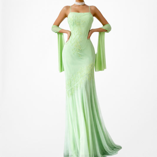 Vintage Y2K Pastel Green Floral Beaded Mesh Maxi Bodycon Prom Dress Size S/M