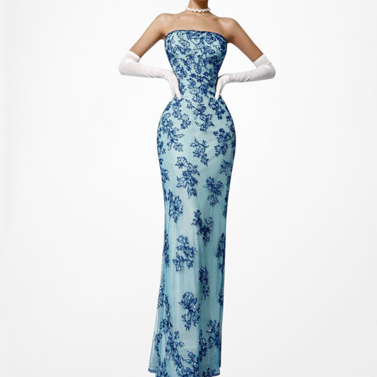 Vintage Blue Floral Beaded Silk Side Slit Bodycon Maxi Dress Size S/M