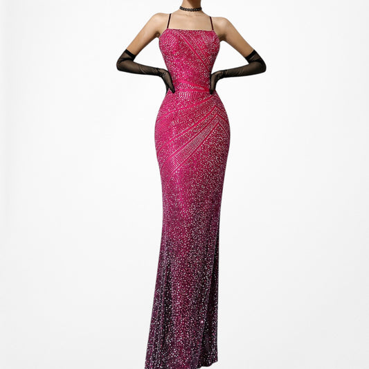 Vintage Pink Silk Ombre Beaded Bodycon Maxi Formal Prom Dress Size S