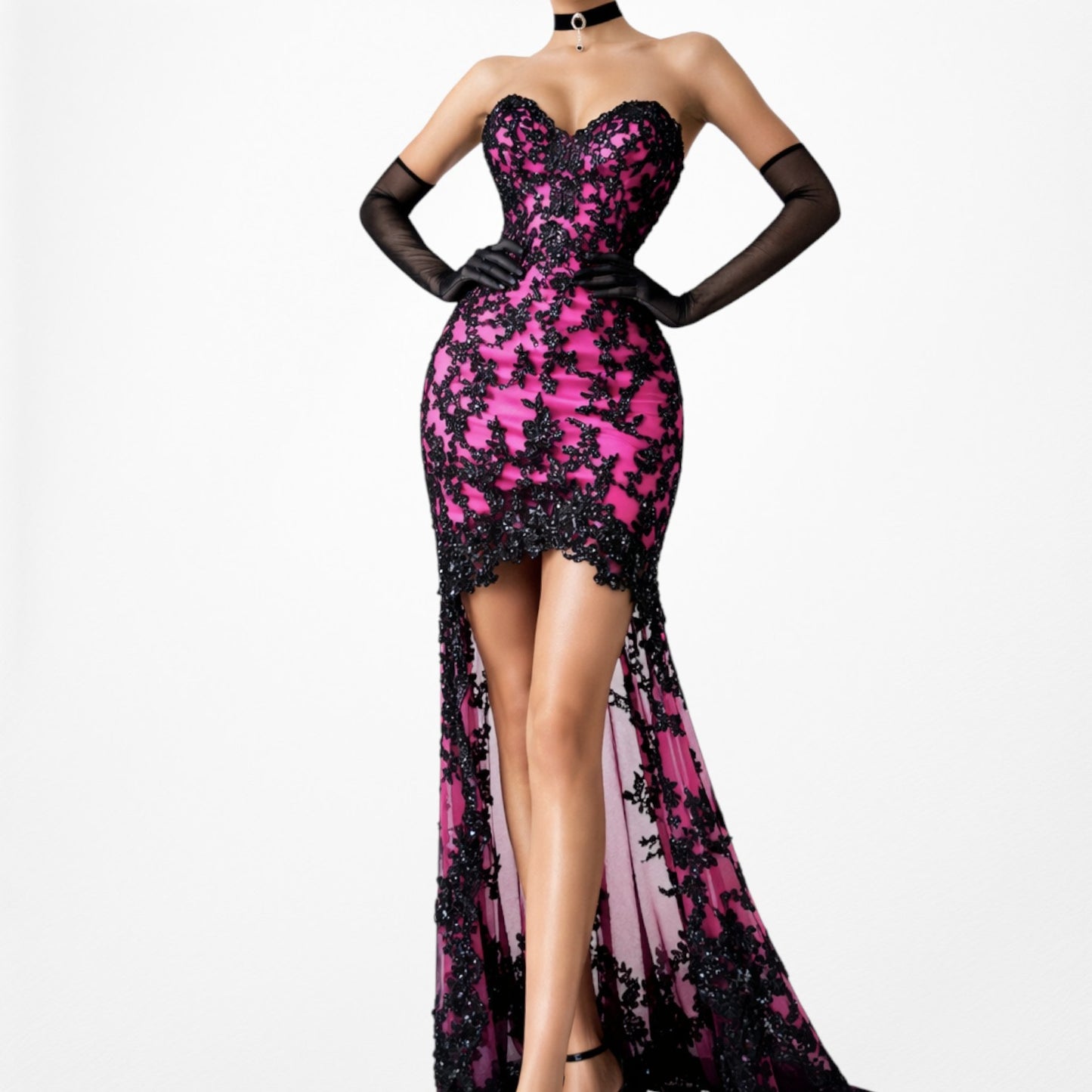 Vintage Y2K Black Pink Strapless Lace Beaded High Low Maxi Prom Dress Size S/M