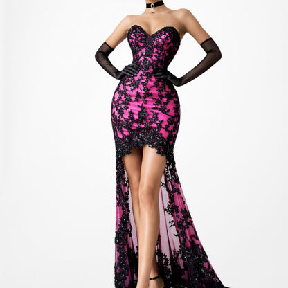 Vintage Y2K Black Pink Strapless Lace Beaded High Low Maxi Prom Dress Size S/M