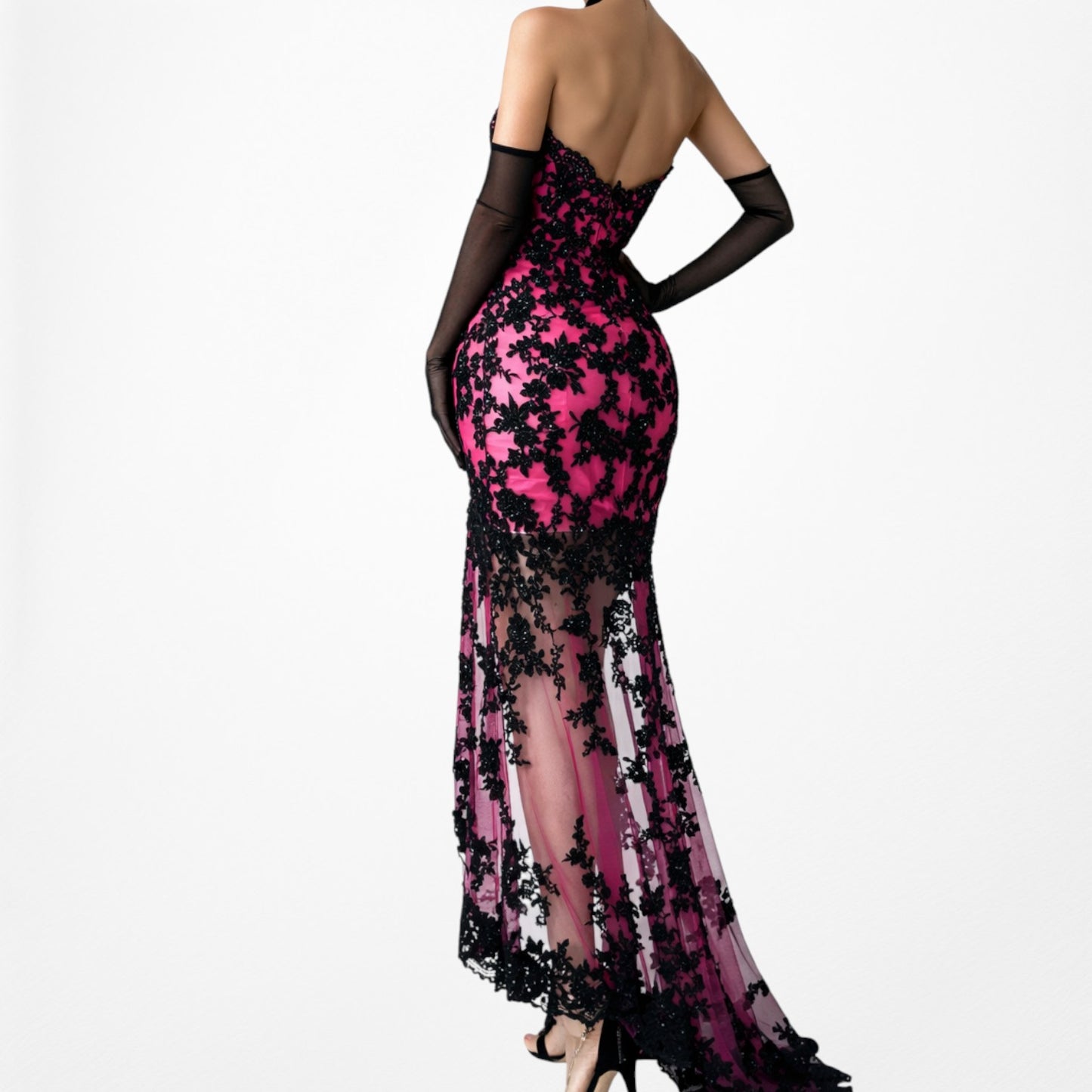 Vintage Y2K Black Pink Strapless Lace Beaded High Low Maxi Prom Dress Size S/M